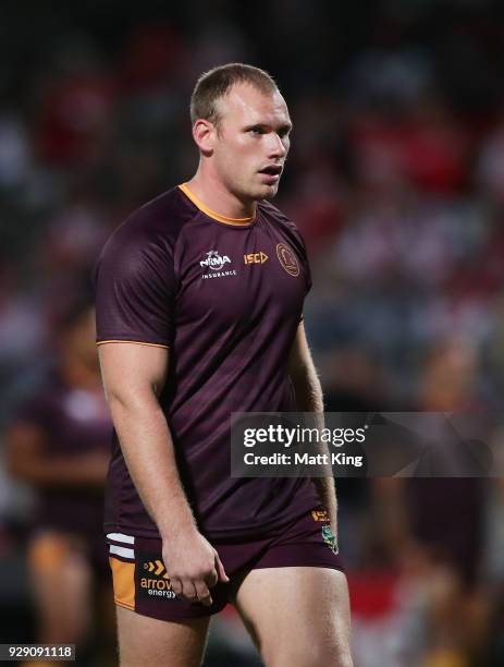 Matthew Lodge of the Broncos warms up before the round one NRL match between the St George Illawarra Dragons and the Brisbane Broncos at UOW Jubilee...