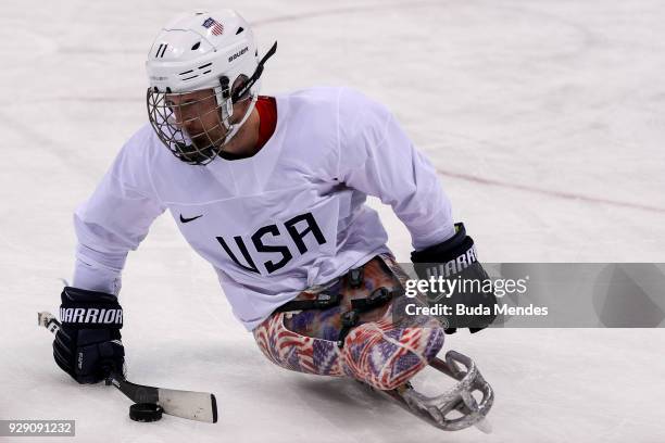 Tyler Carron of the United States in action during a training session ahead of the PyeongChang 2018 Paralympic Games at Gangneung Hockey Centre on...