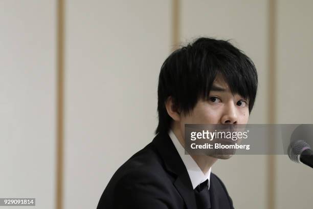Koichiro Wada, president of Coincheck Inc., attends a news conference in Tokyo, Japan, on Thursday, March 8, 2018. Coincheck said it will start...