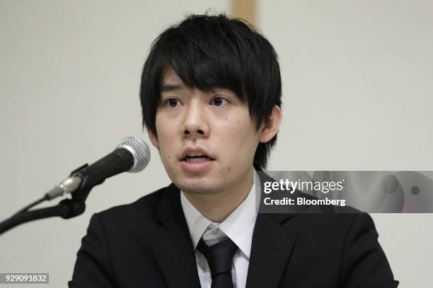 Koichiro Wada, president of Coincheck Inc., speaks during a news conference in Tokyo, Japan, on Thursday, March 8, 2018. Coincheck said it will start...