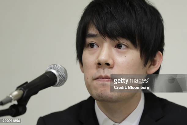 Koichiro Wada, president of Coincheck Inc., pauses during a news conference in Tokyo, Japan, on Thursday, March 8, 2018. Coincheck said it will start...