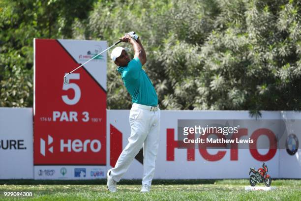 Chawrasia of India tees off on the 5th hole during day one of the Hero Indian Open at Dlf Golf and Country Club on March 8, 2018 in New Delhi, India.