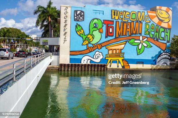 Florida, Miami Beach, 41st Street Arthur Godfrey Road, Biscayne Waterway with Mural.