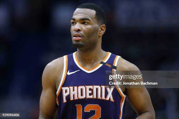 Warren of the Phoenix Suns reacts during the second half against the New Orleans Pelicans at the Smoothie King Center on February 26, 2018 in New...