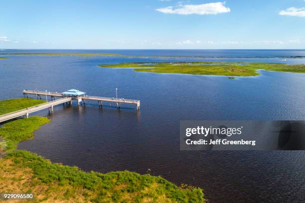 Florida, Lake Okeechobee, Aerial of pier.