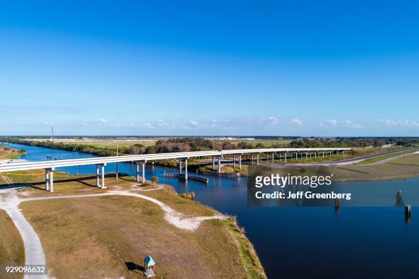 Florida, Lake Okeechobee, Florida Trail, Aerial of St. Lucie Canal and Bridge.