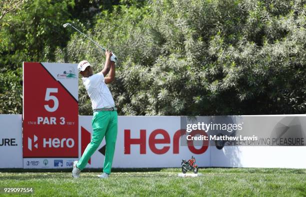 Anirban Lahiri of India tees off on the 5th hole during day one of the Hero Indian Open at Dlf Golf and Country Club on March 8, 2018 in New Delhi,...