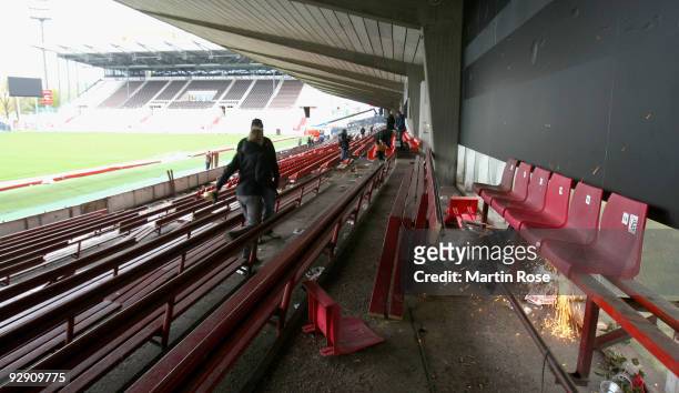 Supporters of St.Pauli are removing the old seats from the grandstand at the Millerntor Stadium on November 9, 2009 in Hamburg, Germany. The...