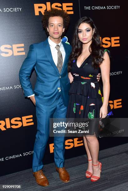 Damon J. Gillespie and Auli'i Cravalho attend the premiere of "Rise" hosted by NBC & The Cinema Society at The Landmark at 57 West on March 7, 2018...