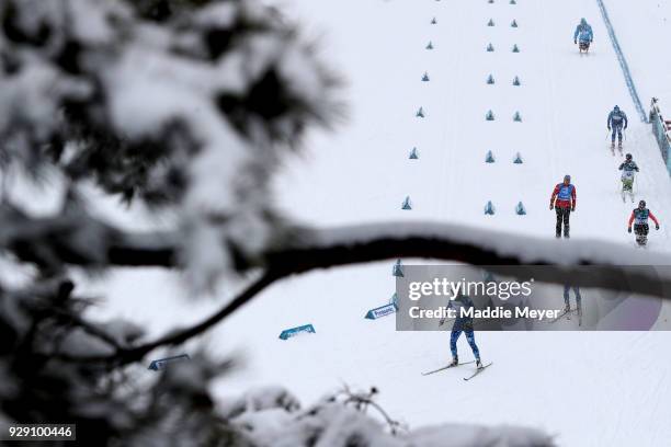 Athletes ski during Cross Country Skiing training ahead of the PyeongChang 2018 Paralympic Games at Alpensia Olympic Park on March 8, 2018 in...