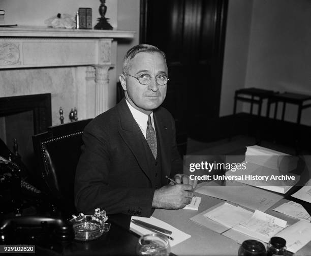 Harry S. Truman, U.S. Senator from Missouri, Portrait at Desk, Washington DC, USA, Harris & Ewing, 1935.