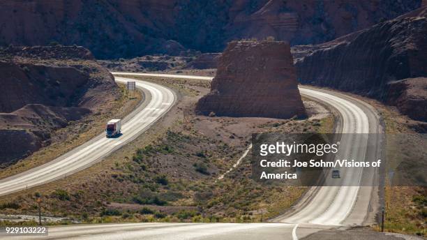 Interstate Highway 70, near Colorado and Utah border shows a long winding road.