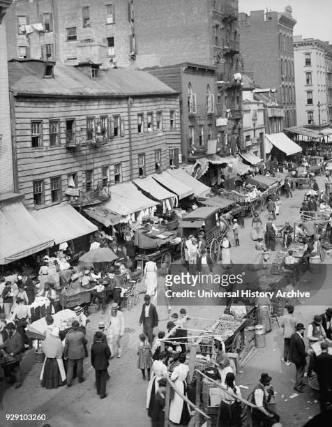 Jewish Markets on Busy Street, Lower East Side, New York City, New York, USA, Detroit Publishing Company, 1900.