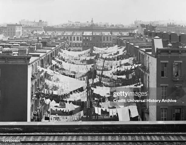 Laundry Hanging between Tenement Buildings, Park Avenue & 107th St, New York City, New York, USA, Detroit Publishing Company, 1900.