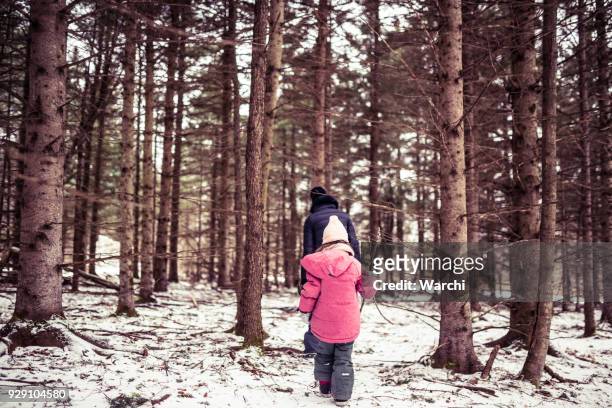 mother with her daughter walking in the woods - quebec icy trail stock pictures, royalty-free photos & images