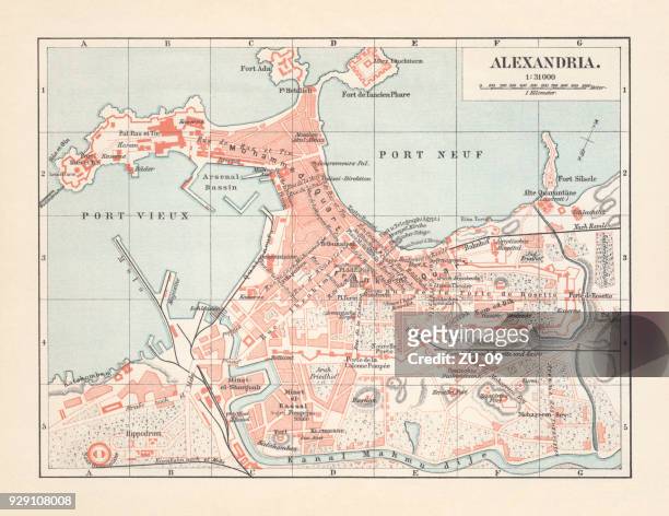 stadtplan von alexandria, ägypten, lithographie, veröffentlicht im jahre 1897 - ancient alexandria stock-grafiken, -clipart, -cartoons und -symbole