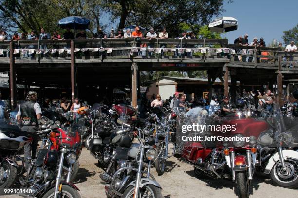 Motorbikes in front of the Iron Horse Saloon at Bike Week, Daytona Beach.