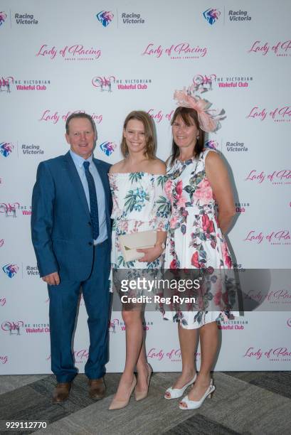Parents Glenn and Wendy Thornton with Stephanie at the Lady of Racing Award Lunch at Metropolis Events on March 08, 2018 in Southbank , Australia.
