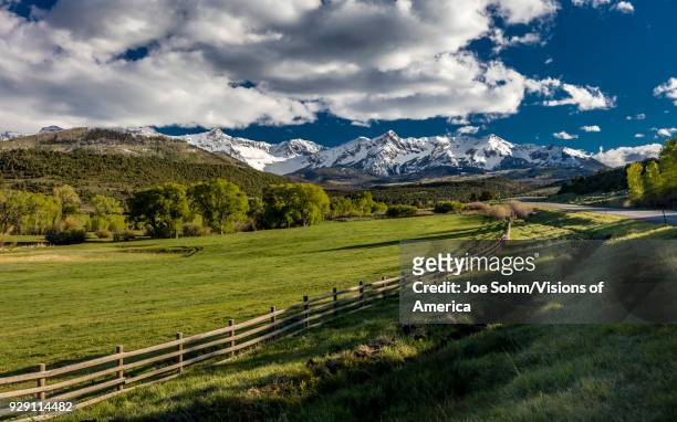 Ralph Lauren's 'Double RL' Ranch with Rail Fence along highway 62 in San Juan Mountains, near Ridgway and Telluride Colorado.