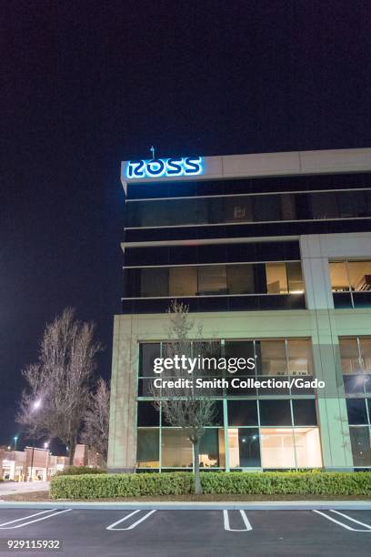 Facade with logo and sign at night at headquarters of Ross Stores in the San Francisco Bay Area, Dublin, California, March 5, 2018. Ross Stores...