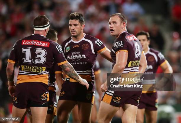 Matthew Lodge of the Broncos looks on after dropping the ball during the round one NRL match between the St George Illawarra Dragons and the Brisbane...