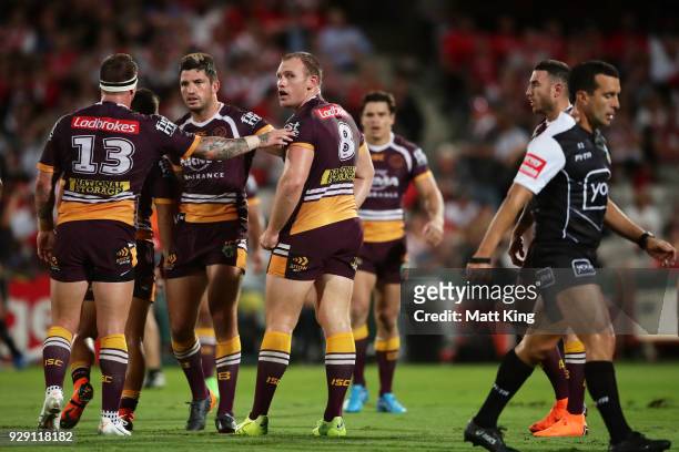 Matthew Lodge of the Broncos looks on after dropping the ball during the round one NRL match between the St George Illawarra Dragons and the Brisbane...