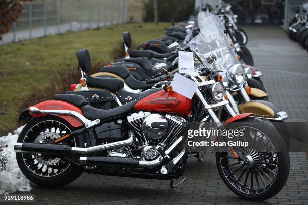 Harley-Davidson motorcycles stand on display at a dealership on March 8, 2018 in Potsdam, Germany. U.S. President Donald Trump has promised to...
