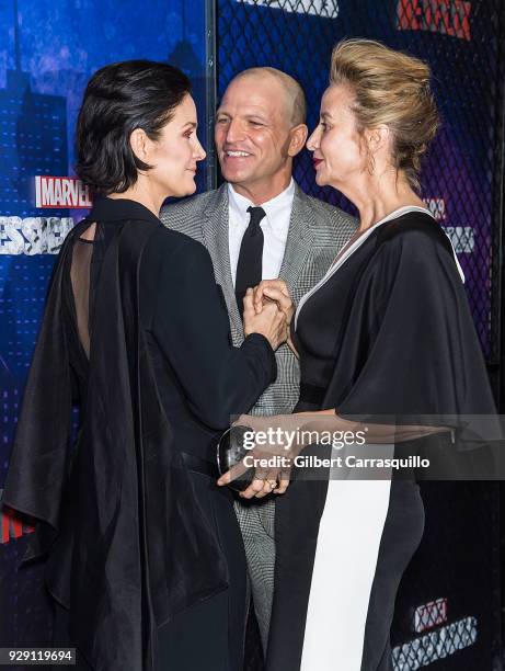 Actress Carrie-Anne Moss, Joseph Coleman and actress Janet McTeer attend Netflix's 'Marvel's Jessica Jones' Season 2 Premiere at AMC Loews Lincoln...