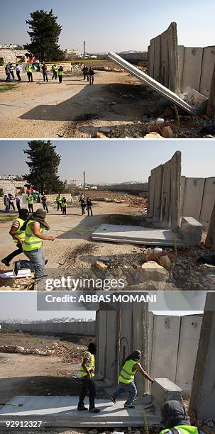 Combo of pictures shows local and international peace activists pulling down a concrete block, part of Israel's controversial separation barrier,...