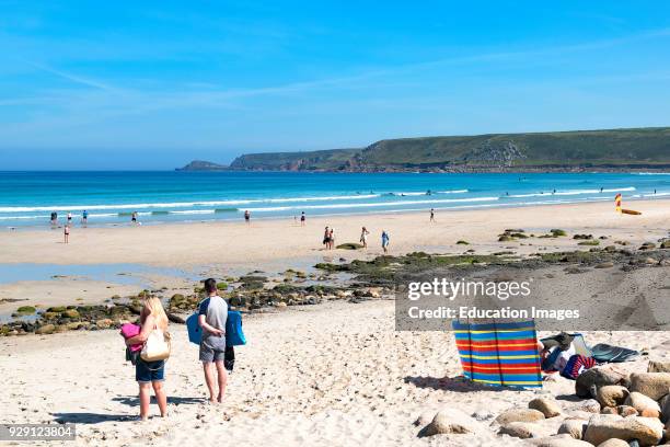 The White Sandy Beach At Sennen Cove Bay In Cornwall, England, Britain, Uk.