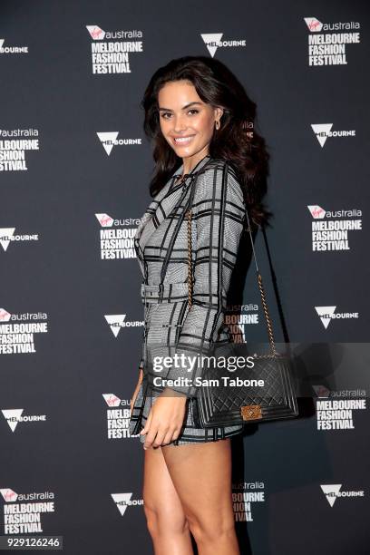 Monika Clarke arrives ahead of the VAMFF 2018 Runway 5 presented by InStyle on March 8, 2018 in Melbourne, Australia.