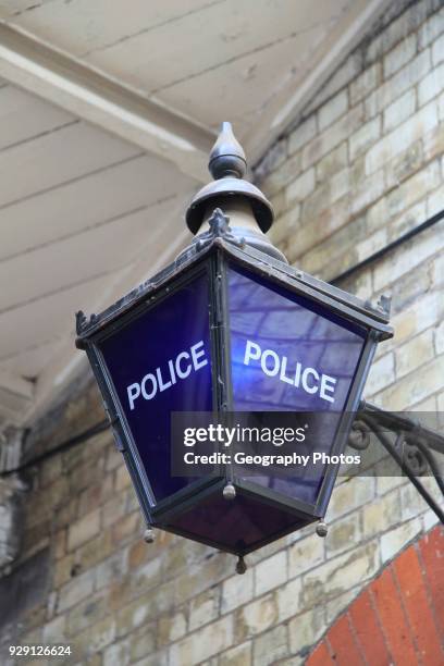 Traditional blue police lamp at Norwich railway station, Norfolk, England, UK.