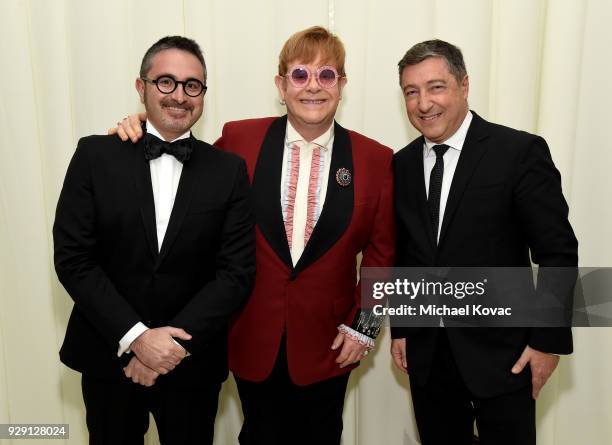 Sir Elton John and Joan Roca attends the 26th annual Elton John AIDS Foundation Academy Awards Viewing Party sponsored by Bulgari, celebrating EJAF...