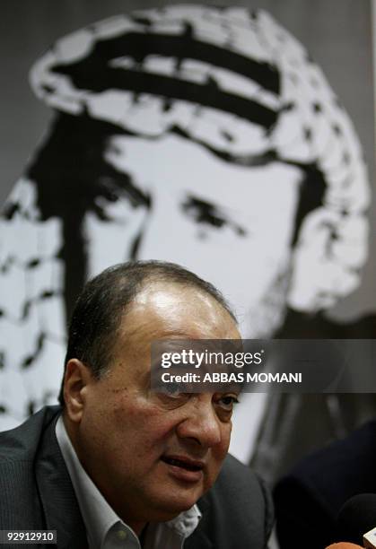 Former Palestinian foreign minister Nasser al-Qudwa, a nephew of late Palestinian leader Yasser Arafat , holds a press conference in the West Bank...