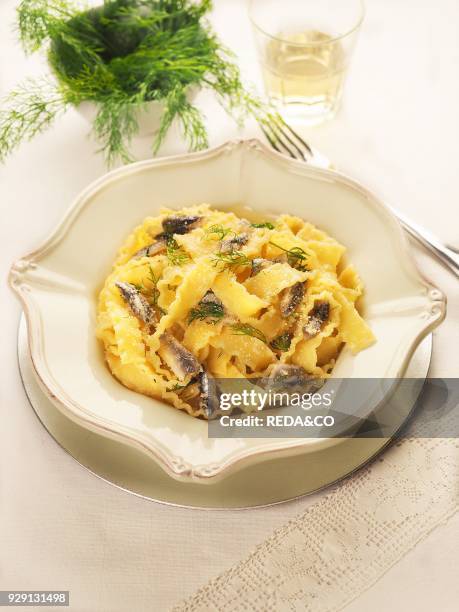 Reginette pasta with anchovies. Pasta alle sarde. Sicily. Italy. Europe.