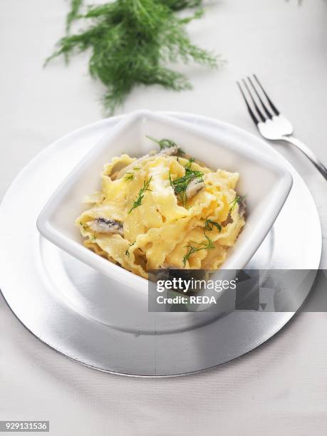 Reginette pasta with anchovies. Pasta alle sarde. Sicily. Italy. Europe.