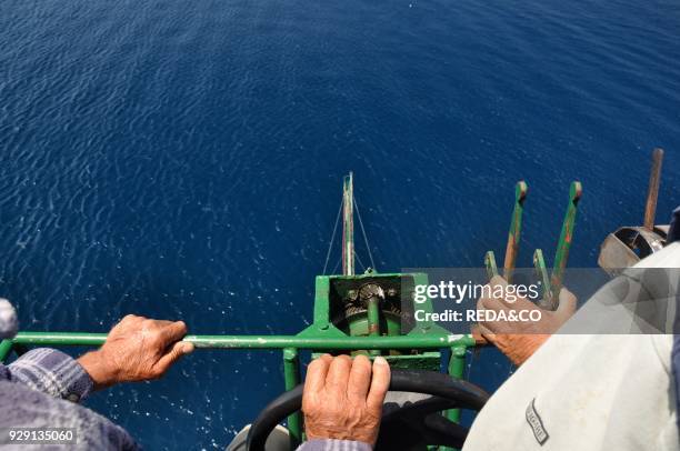 Traditional swordfish fishing. Fishingboat "Fulua". Fisherman. Stretto di Messina. Messina. Sicily. Italy. Europe.