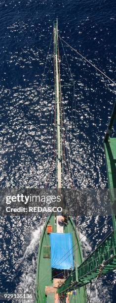 Traditional swordfish fishing. Fishingboat "Fulua". Fisherman. Stretto di Messina. Messina. Sicily. Italy. Europe.