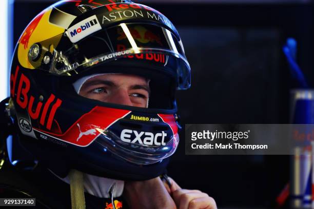 Max Verstappen of Netherlands and Red Bull Racing prepares to drive during day three of F1 Winter Testing at Circuit de Catalunya on March 8, 2018 in...