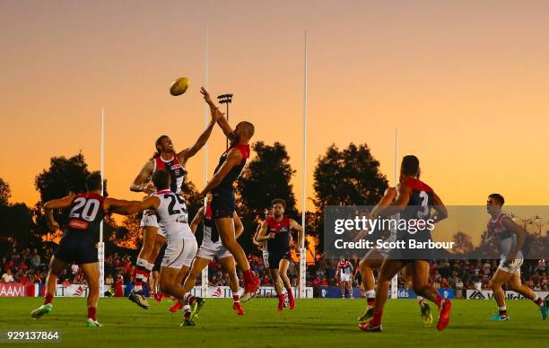 General view as Max Gawn of the Demons competes for the ball during the JLT Community Series AFL match between the Melbourne Demons and the St Kilda...