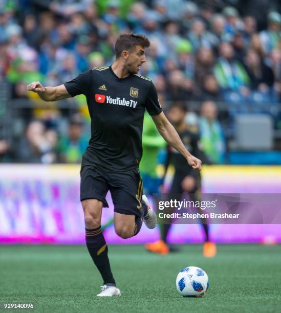 Dejan Jakovic dribbles the ball during match against the Seattle Sounders at CenturyLink Field on March 4, 2018 in Seattle, Washington. Los Angeles...