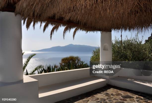 Salina Island. Aeolian Terrace. Lipari Island in the background. Aeolian Island. Sicily. Italy. Europe.