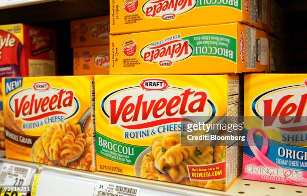 Boxes of Kraft Foods Inc.'s velveeta rotini & cheese sit on display at a grocery store in Raleigh, North Carolina, U.S., on Sunday, Nov. 8, 2009....