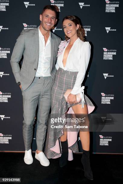 Georgia Love and Lee Elliott arrives ahead of the VAMFF 2018 Virgin Australila Grand Showcase presented by marie claire on March 8, 2018 in...