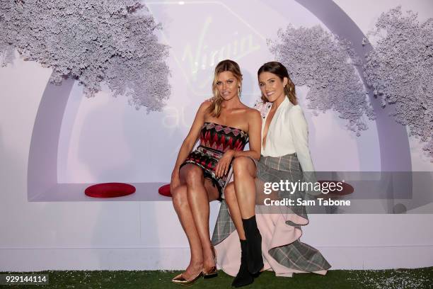 Sophie Monk and Georgia Love arrives ahead of the VAMFF 2018 Virgin Australila Grand Showcase presented by marie claire on March 8, 2018 in...