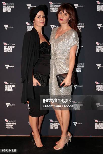 Camilla Staerk and Helena Christensen arrives ahead of the VAMFF 2018 Virgin Australila Grand Showcase presented by marie claire on March 8, 2018 in...