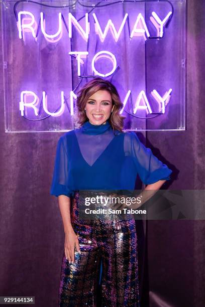 Dannii Minogue arrives ahead of the VAMFF 2018 Virgin Australila Grand Showcase presented by marie claire on March 8, 2018 in Melbourne, Australia.