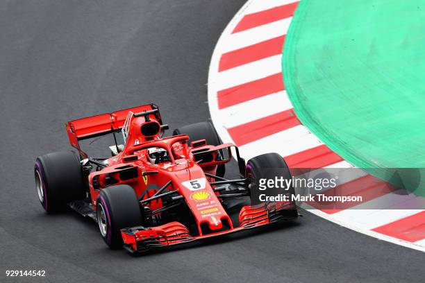 Sebastian Vettel of Germany driving the Scuderia Ferrari SF71H on track during day three of F1 Winter Testing at Circuit de Catalunya on March 8,...