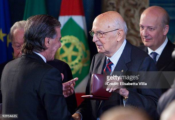 Spanish architect Ricardo Bofill accepts his award from Italian President Giorgio Napolitano during the 2009 Vittorio De Sica Awards at Quirinale on...