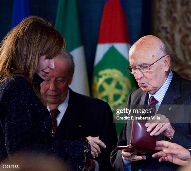 Daniela Zuccoli Bongiorno accepts an award in the memory of Mike Bongiorno from Italian President Giorgio Napolitano during the 2009 Vittorio De Sica...